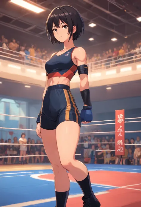 1girl, tan skin, black short hair, black boots, pro wrestling attire, standing, flexing one arm muscle, inside ring at gym, absurdres, high res, ultra sharp, 8k, masterpiece, beautiful, looking at viewer.