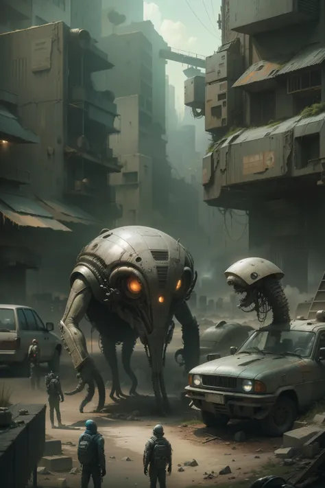 Technologically advanced and highly detailed aliens in a post-apocalyptic cityscape.