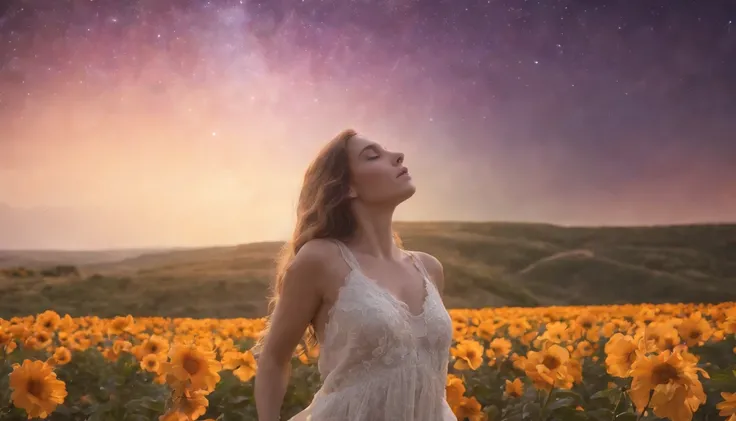 fotografia de paisagem expansiva, (a view from below showing the sky above and the open country below), a girl standing on a flower field looking up, (pegue a chave: 1.2), (estrelas cadentes: 0.9), (nebulosa: 1.3), montanha distante, BREAK tree production ...