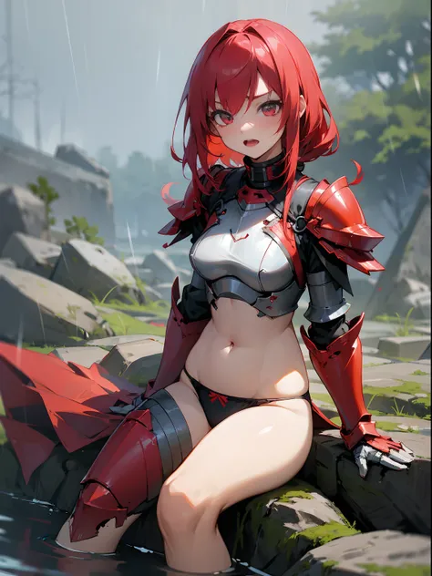 [Anime 1.5], broken battle armor, crimson hairs, Crimson blazing eyes, sitting on a rock, victory war cry, raining, soaked, panties visible, belly button visible