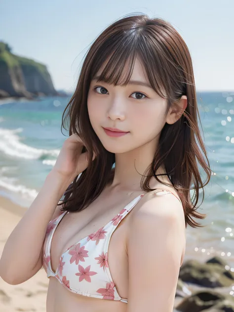 in 8K,Best Quality:1.4, 超A high resolution:1.5, (Photorealistic:1.4),​masterpiece:1.2,(top-quality:1.4)、 Raw photo、 (the background is blurred), sea side, sand beach, 1日本人の女の子, Cute, (Solo:1.4), (Shy smile), Smooth skin、Floral Bikini:1.3、 (Brown medium hai...