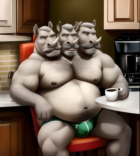 photo of 2heads, rhinocerous, fat, heavy, older male, old, white skin, three headed, hairy chest, kitchen background, sitting on chair, coffee mug, short grey hair, bald, thick grey mustache, thick grey beard, sweaty, old, frowning, briefs