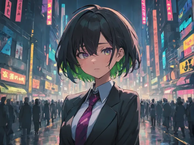 Cyberpunk, Cyberpunk Street Scene, Cityscape, Dazzling cyberpunk skyscrapers, neon signs, led lights, Wet and rainy, Bright and vivid color scheme,  ultra-detailliert, Cinematic lighting, darker shadows, Large breasts,1 woman,broody,Black Suit,Black hair,B...