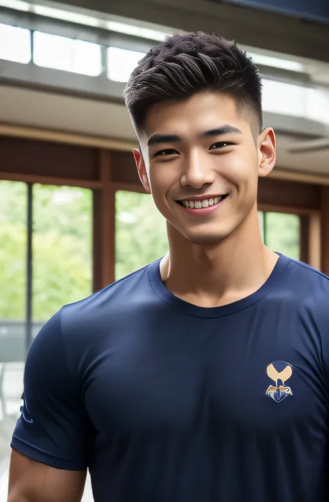 a handsome men ,20 age , short hair hair, korea , student，(((wear a navy t-shirt without stripes......................))),  fron...