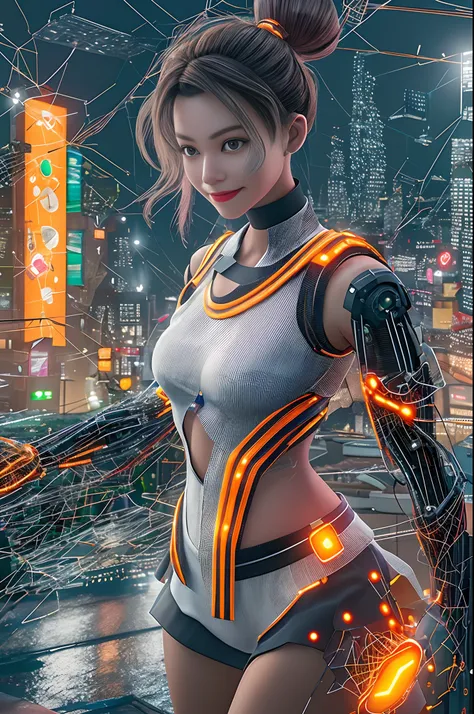 Cybernetic arm and glowing cyber girl,(J Womens Uniform,a sailor suit,White skirt,),Strenuous movements,Add a motion blur effect to simulate motion,Stand on a post-apocalyptic battlefield cityscape.Surrounded by a network of wires. Surrounded by a web of c...