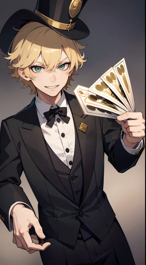 young boy, short curly blonde hair, Green eyes, smirk, evil, wizard hat, Magicians jacket, Magician Form, cane, playing cards, a joker, Masterpiece, hiquality, 4k, HD, Good detail