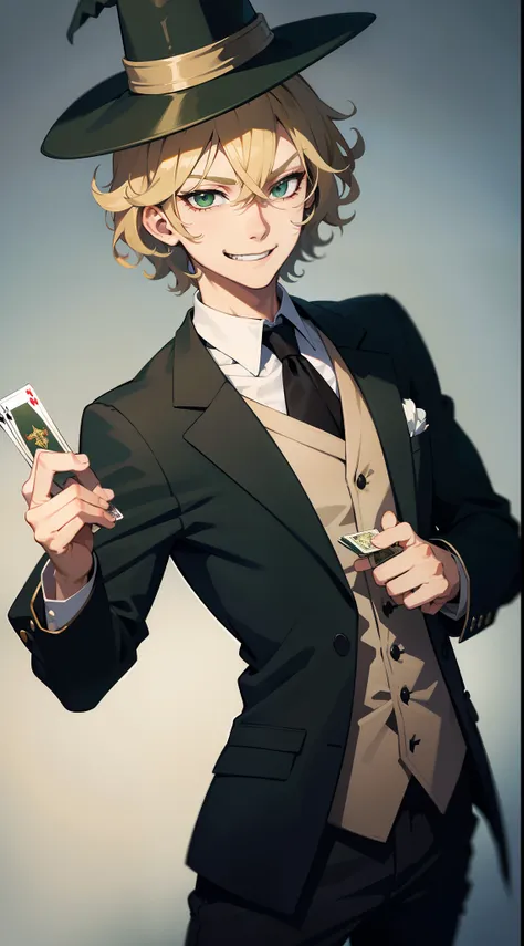 young boy, short curly blonde hair, Green eyes, smirk, evil, wizard hat, Magicians jacket, Magician Form, cane, playing cards, a joker, Masterpiece, hiquality, 4k, HD, Good detail