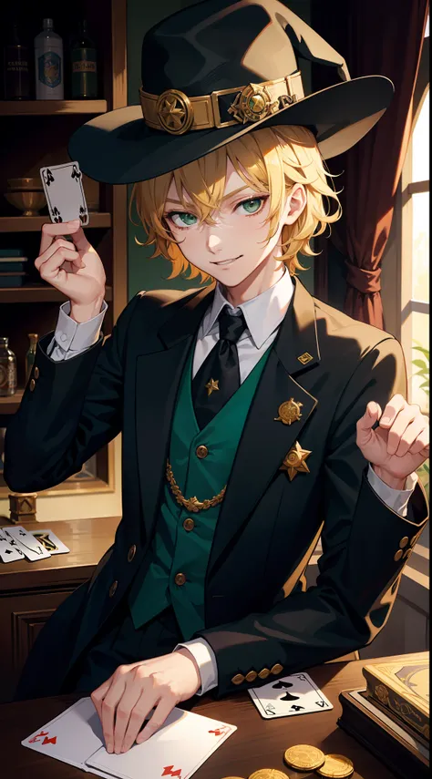 young boy, short curly blonde hair, Green eyes, smirk, evil, wizard hat, Magicians jacket, Magician Form, cane, playing cards, a joker, Masterpiece, hiquality, 4k, HD, Good detail