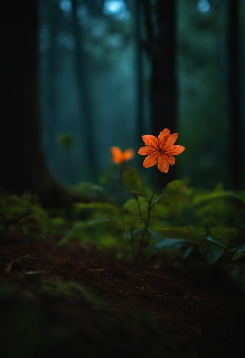 close-up de uma raposa em uma floresta encantada, noite, vaga-lumes, Volumetric Haze, Halation, flor, dramatic atmosphere, Centralizado, thirds rule, 200mm macro launch 1.4T