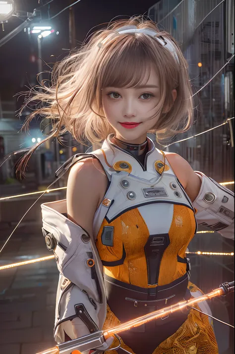 Cybernetic arm and glowing cyber girl,(J Womens Uniform,a sailor suit,White skirt,),Strenuous movements,Add a motion blur effect to simulate motion,Stand on a post-apocalyptic battlefield cityscape.Surrounded by a network of wires. Surrounded by a web of c...