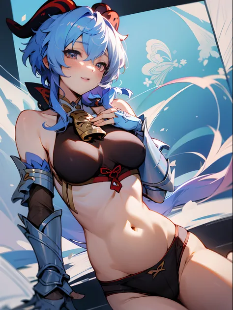 Genshin Impact, Ganyu, broken armor, belly button visible, panties visible, sexy body, cute