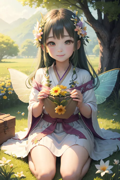 (​masterpiece,high-level image quality,hightquality)、(Flower Fairy)、(Seeing with the Eyes of the Spirit、Seeing with Spiritual Sight)、夏天、grass field、insects、​​clouds、suns、femele、年轻、kawaii、Smile、Nature Spirits、