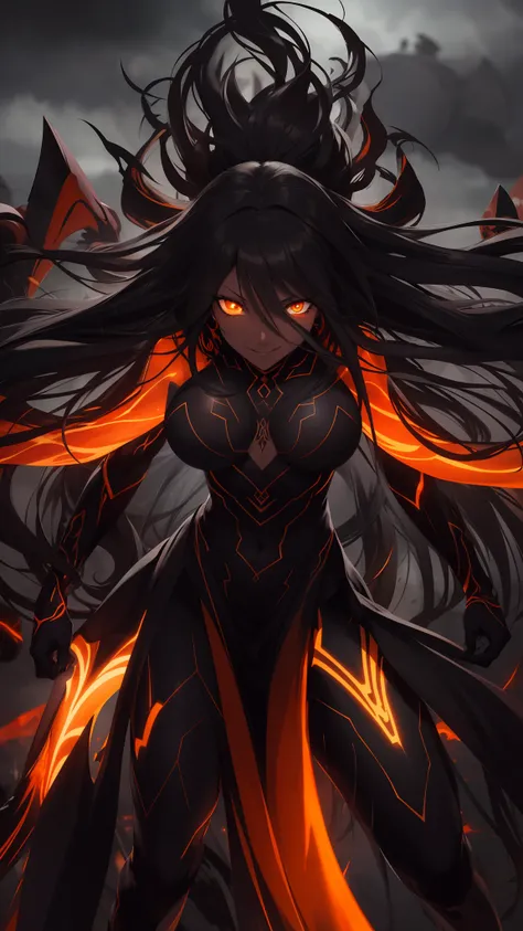 masterpiece, highest quality, female, orange glowing eyes, detailed eyes (1.4), long flowing hair, villainous expression, smiling, black skin body with black glowing pattern, bare body, ready for battle, blurred stormy background, dark atmosphere, lighting...