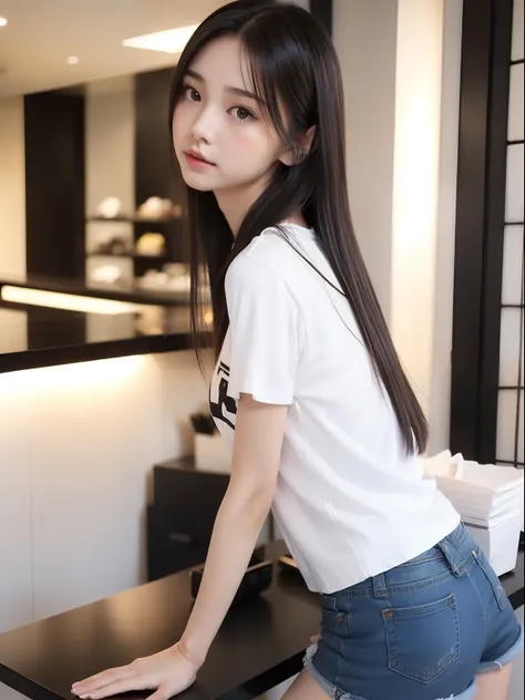 年轻，shortpants，Long T-shirt，teens girl，Delicate body，petite body，Delicate body，small tits，tiny chest，A dark-haired，Very Longhair，shopping mall