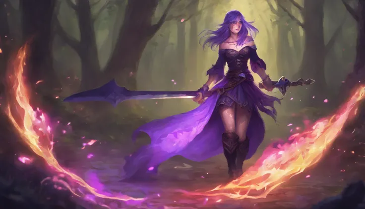 Cinematic,high res,highly detailed image,huge filesize,ultra hd 4k,8k wallpaper ,1 girl,black skirt,black tshirt,long legs,purple hairs,purple eyes,glowing eyes,holding a big purple sword,purple flames coming out of sword ,perfectly drawn hands