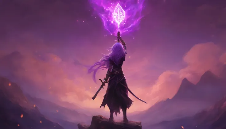 Cinematic,high res,highly detailed image,huge filesize,ultra hd 4k,8k wallpaper ,1 girl,black skirt,black tshirt,long legs,purple hairs,purple eyes,glowing eyes,holding a big purple sword,purple flames coming out of sword ,perfectly drawn hands