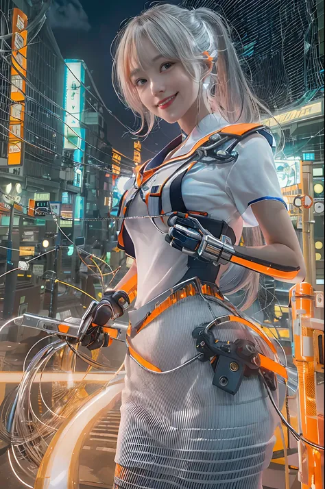 Cybernetic arm and glowing cyber girl,(J Womens Uniform,a sailor suit,White skirt,),Strenuous movements,Add a motion blur effect to simulate motion,Stand on a post-apocalyptic battlefield cityscape.Surrounded by a network of wires. Surrounded by a web of c...