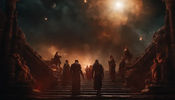 epic scene, stairway from heaven to hell, demons and angels fighting in the sky, God and Satan having a hand to hand combat, extremely detailed scene, bloody combat, solar system universe background