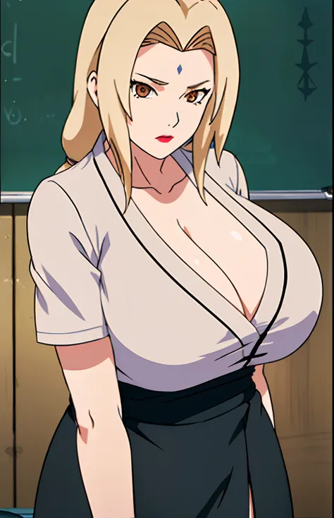 (huge tits), (), (), white shirt, black tight skirt, fullbody, cleavage, good anatomy, masterpiece, best quality, 4k, 8k, professional photography, soft light, sharp focus, 1 girl, blonde hair, at classroom, blonde hair, parted banks, detailed face+brown e...