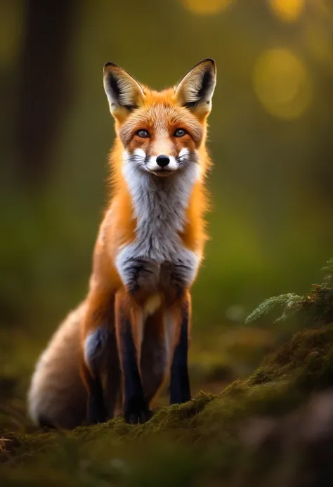 Close-up of fox in the enchanted forest, natta, glowworm, Volumetric haze, Halo, florals, Dramatic atmosphere, concentrating, the rule of thirds, 200mm macro emission 1.4 tons