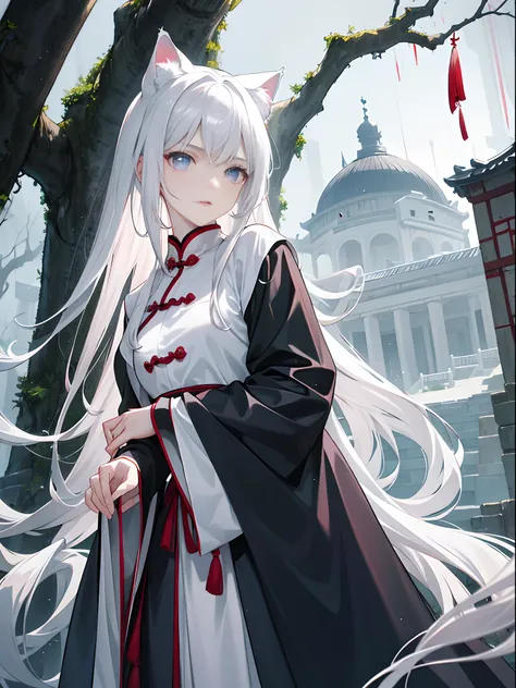 Masterpiece, Super Class, Night, Outdoor, Rainy Day, Branches, Chinese Style, Ancient China, 1 girl, young girl, Silver-White Long-Haired Woman, Gray-Blue Eyes, Pale Pink Lips, Indifference, Seriousness, Bangs, Assassin, Sword, White Clothes, Blood, Blood,...