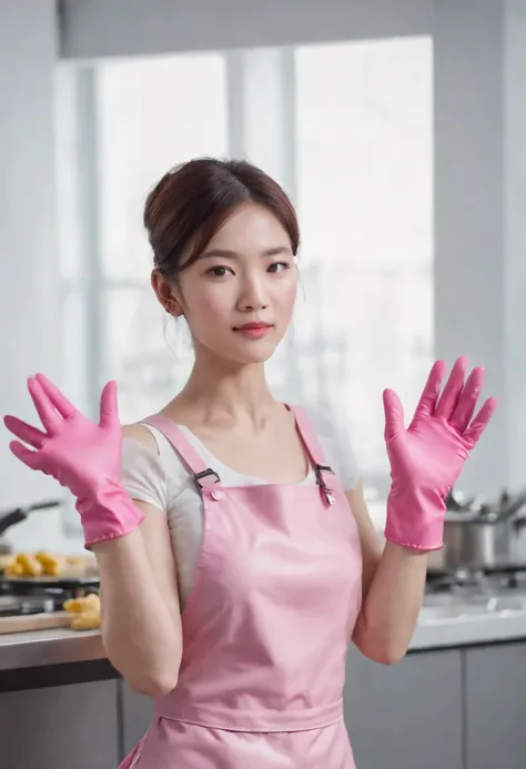 Meilin at the Advanced Metal Gear Research Institute. Highly realistic. rubber glove、Pink rubber gloves、Pink cooking gloves、Long gloves、Glossy gloves、Glossy apron