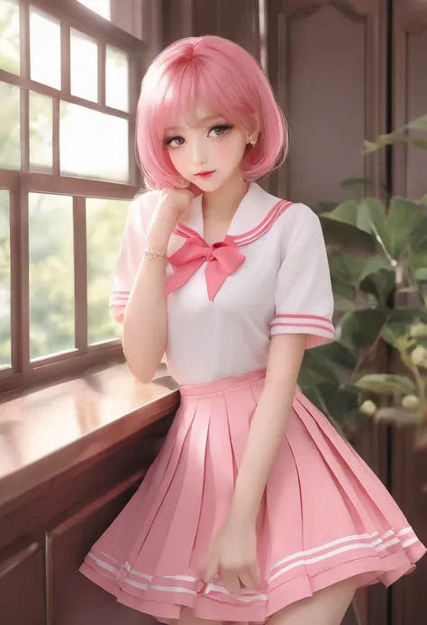 Beautiful illustration、top-quality、Cute little girl s、Bedroom、A pink-haired、length hair、(((Pink pleated skirt)))、(((pink sailor suit)))、shortsleeves、Colossal tits、a navel、Flipping up the skirt with your hands、Show white panties、Pull up your skirt and show ...