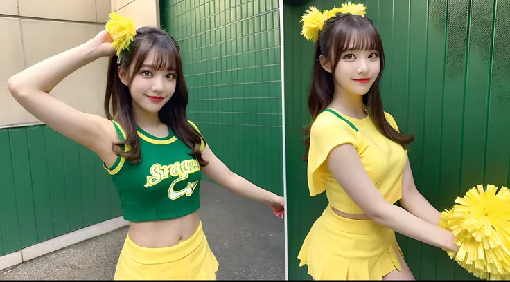 18-year-old cheergirl in yellow-green miniskirt