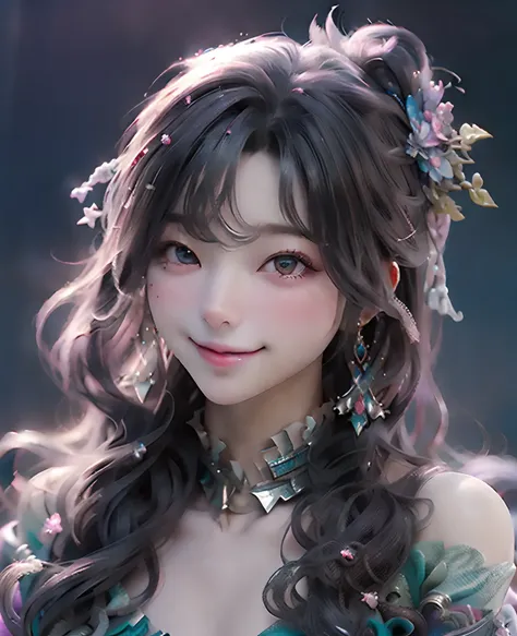 Dive into the depths of imagination with a stunning portrait of a cute smiling sea nymph, adorned with shimmering scales and cascading locks of seaweed hair, highly detailed, HD resolution