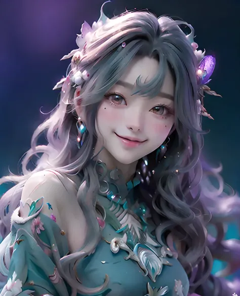 Dive into the depths of imagination with a stunning portrait of a cute smiling sea nymph, adorned with shimmering scales and cascading locks of seaweed hair, highly detailed, HD resolution