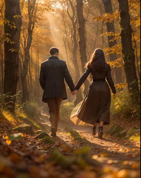 A lovely couple walking, holding hands, A detailed autumn scene, sunbeams, cinematic, epic, forest, fantasy forest, Earthy colors, 200mm lens, f/2.0, Masterpiece, best quality