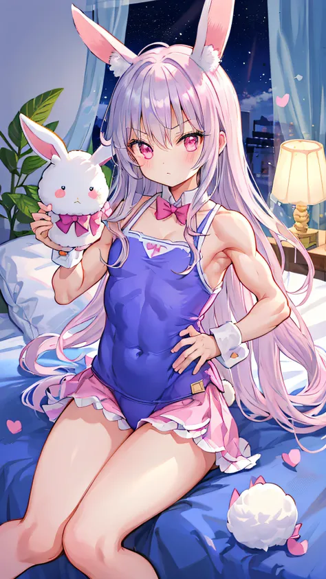 Beautiful illustration、top-quality、(((macho)))、Cute little girl s、Bedroom、Fluffy rabbit ears、小柄、Silver long hair、rabbit stuffed、Bright lighting、bright pink eyes、Tank Tops、(((Muscular beauty)))