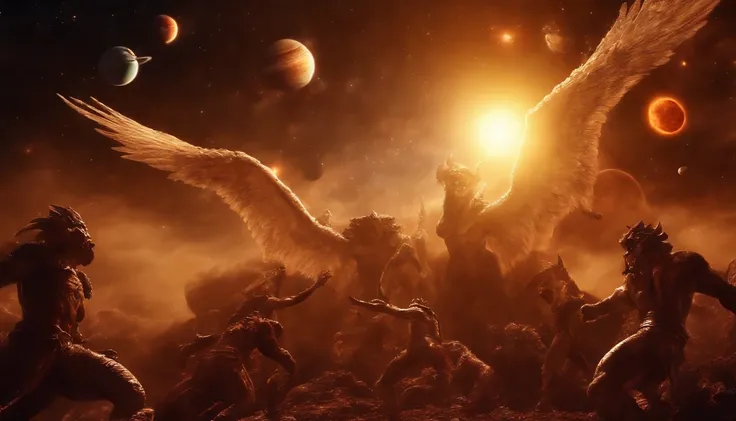 epic scene, stairway from heaven to hell, (Giant demon and angels fighting in the sky: 1.5), (extremely detailed scene:1.4), bloody combat, (solar system universe sky background:1.7)