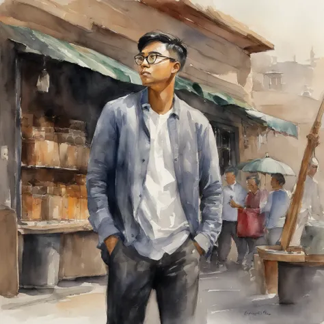 A 22-year-old Asian man stands and looks at the wind of the store. He is dressed in the clothes of war. darkest, Almost black short hair and square glasses are conspicuous.