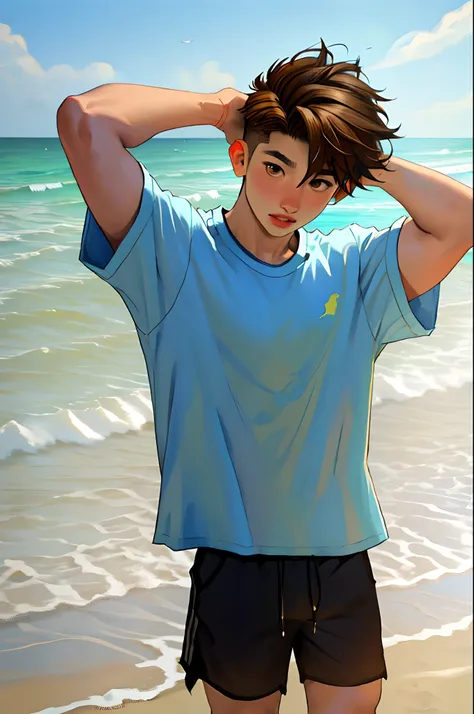 masterpiece, best quality, upper body ,higher, 1boy, solo, looks jungkook, ,blue streaked hair, brown hair , undercut , in the beach , tshirt , shorts , under shorts ,