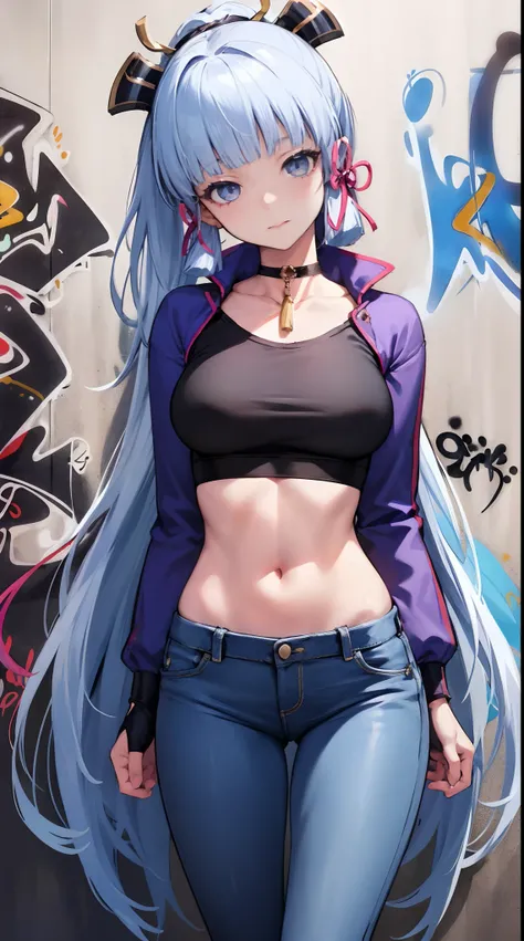 kamisato ayaka|genshin impact, master-piece, bestquality, 1girls,25 years old, proportional body, elongated legs, Beautiful, proportional., crop top, Long Jeans, mediuml breasts, ,bara, crop top, choker, (Graffiti:1.5), Splash with purple lightning pattern...