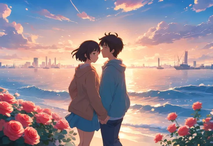 In a romantic atmosphere，couple cuddling，Stroll through the Sea of Roses，Under the blue sky and white clouds，Feel the romantic theme of Valentines Day。