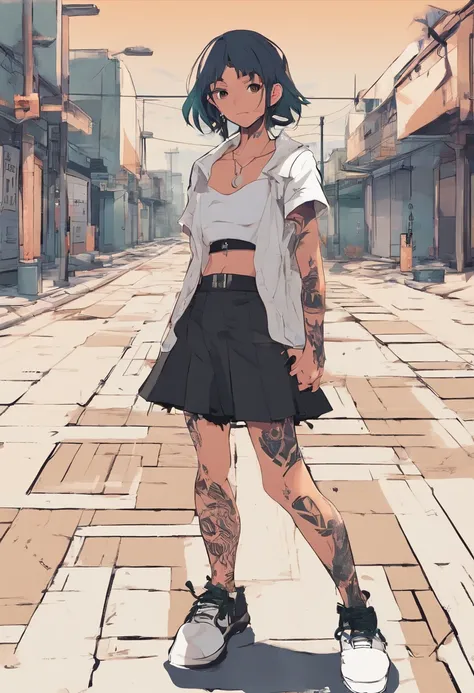 Anime illustration of a young supermodel with a toned physique, In a spicy punk crop top, Low Rise Pants, Messy Short Hair, Demonstration of various intricate tattoos, confidently standing in the middle of an abandoned street in Chiba. . Anime style, Key V...