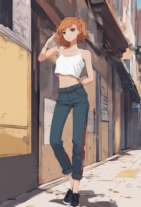 Anime illustration of a young supermodel with a toned physique, In a spicy punk crop top, Low Rise Pants, Messy Short Hair, Demonstration of various intricate tattoos, confidently standing in the middle of an abandoned street in Chiba. . Anime style, Key V...