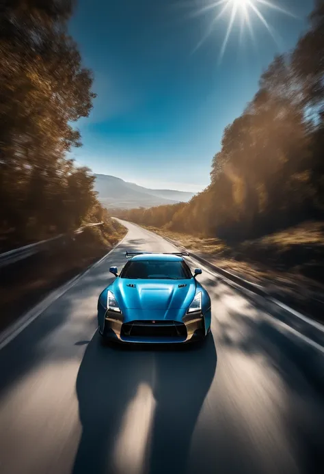 A GTR spers down the road, driving down a road of sky-blue, high speed, energy movement, dont want cartoons.