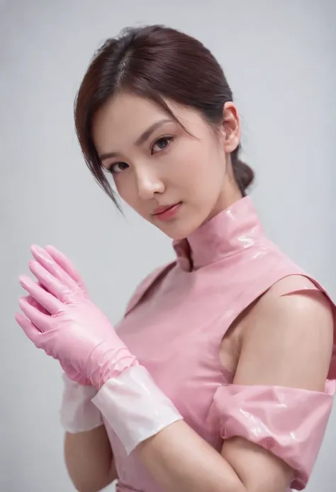 Meilin from Advanced Metal Gear Research Institute. Highly realistic. rubber glove、Pink rubber gloves、Pink cooking gloves、Long gloves、Glossy gloves、Glossy apron、Getting wet with white liquid