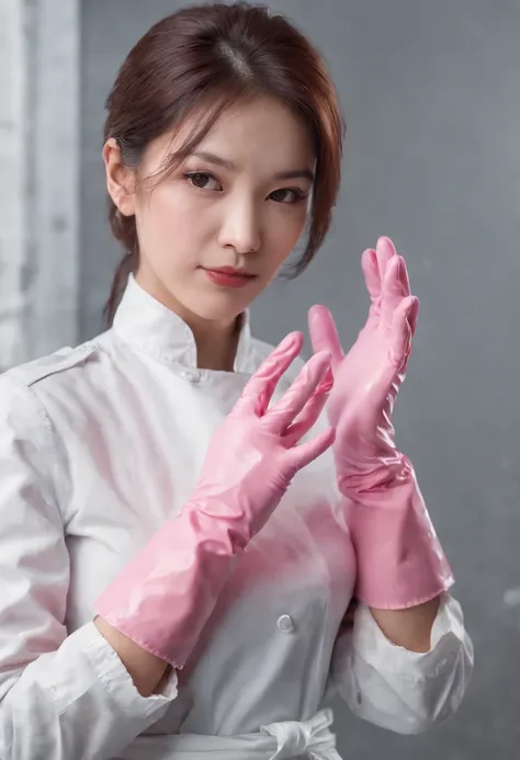 Meilin from Advanced Metal Gear Research Institute. Highly realistic. rubber glove、Pink rubber gloves、Pink cooking gloves、Long gloves、Glossy gloves、Glossy apron、Getting wet with white liquid