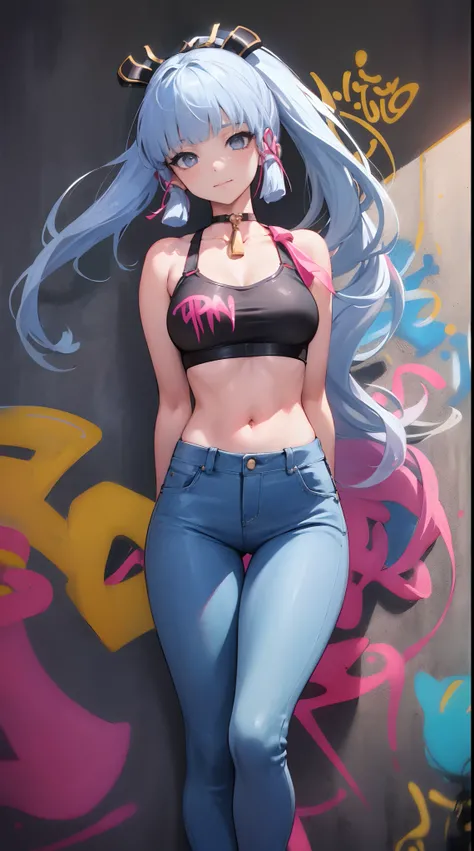 kamisato ayaka|genshin impact, master-piece, bestquality, 1girls,25 years old, proportional body, elongated legs, Beautiful, proportional., crop top, Long Jeans, mediuml breasts, ,bara, crop top, choker, (Graffiti:1.5), Splash with purple lightning pattern...