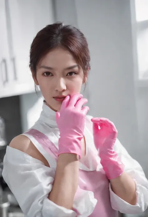 Meilin from Advanced Metal Gear Research Institute. Highly realistic. rubber glove、Pink rubber gloves、Pink cooking gloves、Long gloves、Glossy gloves、Glossy apron、Getting wet with white liquid、cum shots