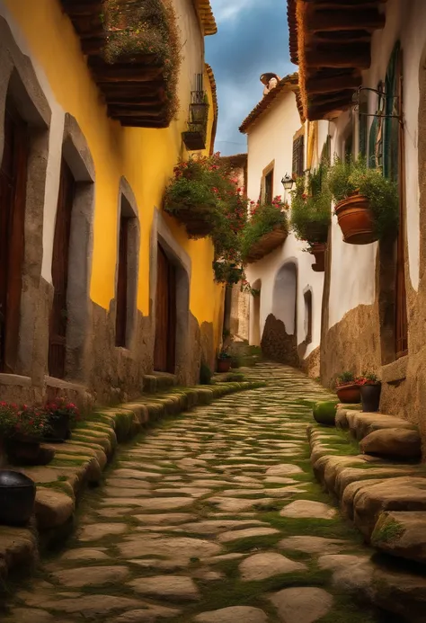 Tranquila aldeia camponesa aninhada nas colinas, com casas de madeira desgastada pelo tempo, clustered along cobblestone streets, Conceptual art, panorama, UHD, 16k