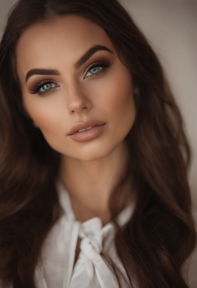 Arad woman with white vest and necklace, Sexy girl with green eyes, portrait sophie mudd, brown hair and large eyes, selfie of a young woman, Chamber eye, Violet Myers, Make-up-free, natural makeup, staring right into camera, face with artgram, Subtle make...