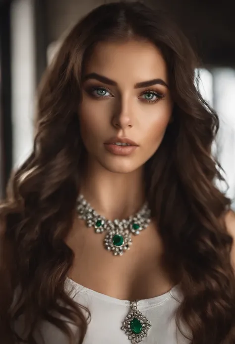 Arad woman with white vest and necklace, Sexy girl with green eyes, portrait sophie mudd, brown hair and large eyes, selfie of a young woman, Chamber eye, Violet Myers, Make-up-free, natural makeup, staring right into camera, face with artgram, Subtle make...