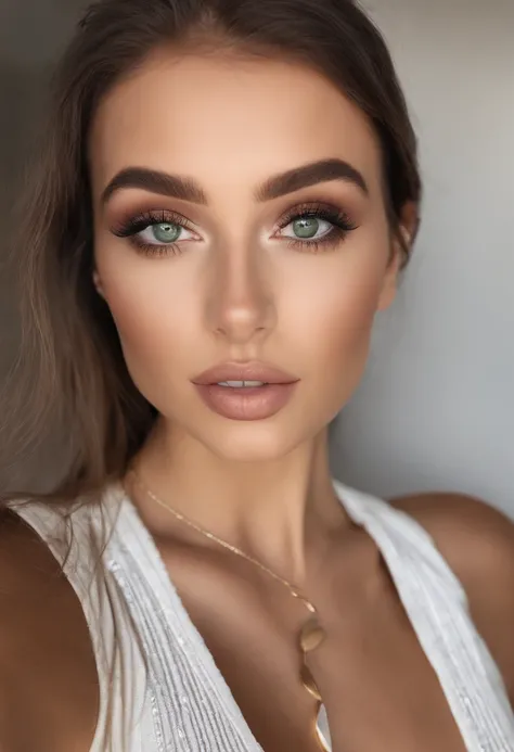 Arad woman with white vest and necklace, Sexy girl with green eyes, portrait sophie mudd, brown hair and large eyes, selfie of a young woman, Chamber eye, Violet Myers, Make-up-free, natural makeup, staring right into camera, face with artgram, Subtle make...