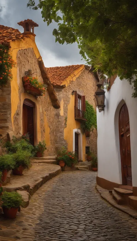 Tranquila aldeia camponesa aninhada nas colinas, com casas de madeira desgastada pelo tempo, clustered along cobblestone streets, Conceptual art, panorama, UHD, 16k