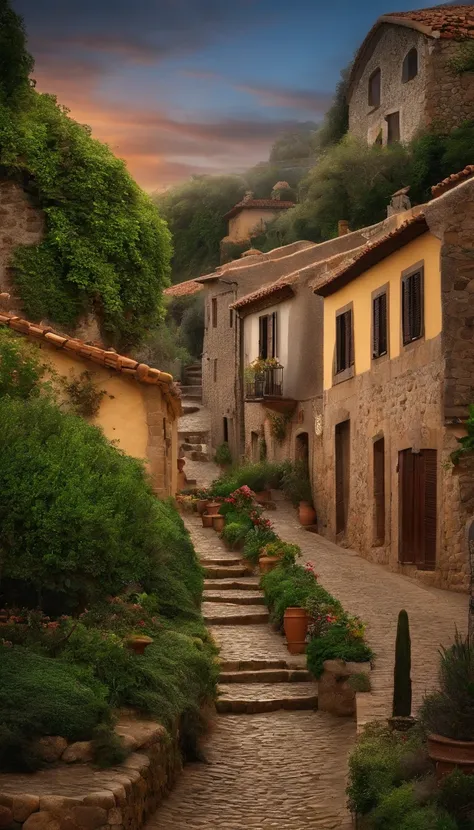 Tranquila aldeia camponesa aninhada nas colinas, com casas de madeira desgastada pelo tempo, clustered along cobblestone streets, Conceptual art, panorama, UHD, 16k